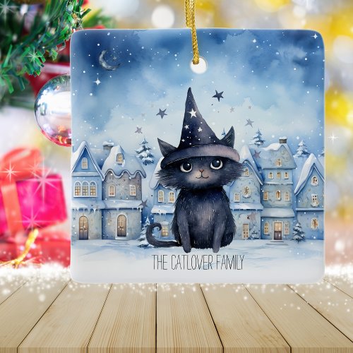 Blue Magical Wizard Black Cat Watercolor Christmas Ceramic Ornament