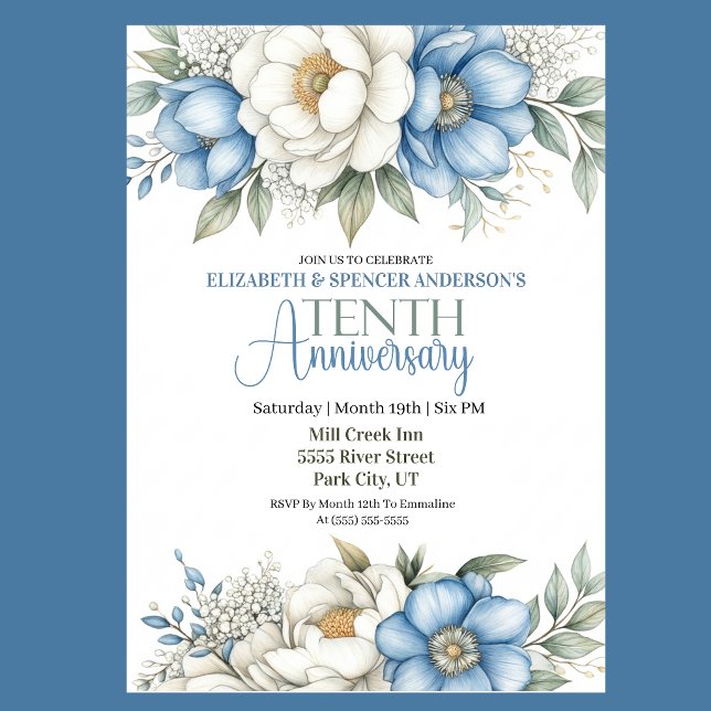 Blue Magnolia and Peony 10th Wedding Anniversary Invitation (Blue and ivory floral 10th wedding anniversary invitation)