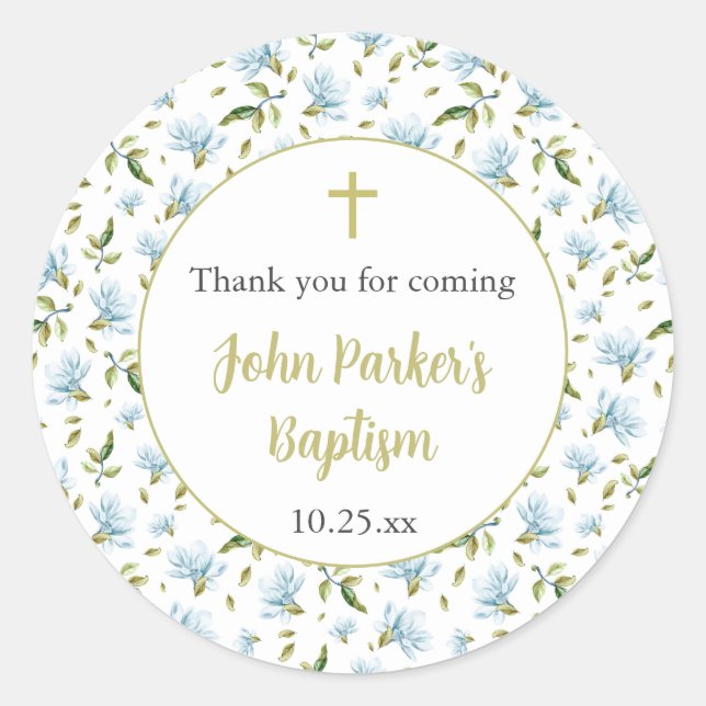 Blue Magnolias baptism thank you sticker (Front)