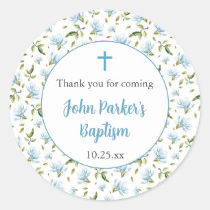 Blue Magnolias boy baptism thank you sticker