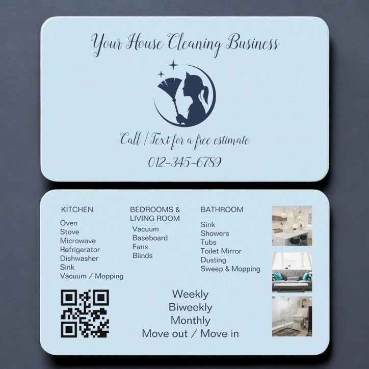 Blue Maid House Cleaning QR Code Professional Business Card