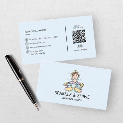 Blue Maid House Cleaning Service QR Code Business Card