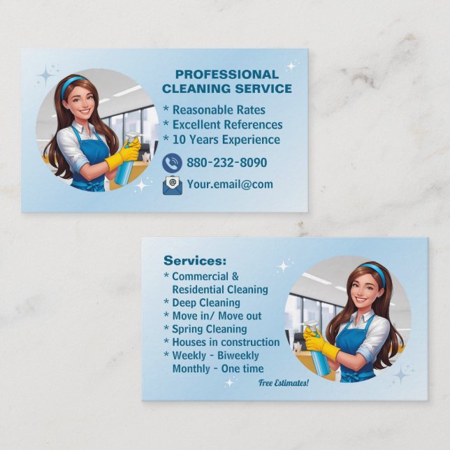 Blue Maid House Cleaning Services Janitorial Clean Business Card (Front/Back)