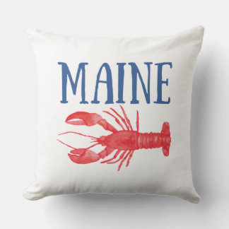 Blue Maine Text Red Watercolor Lobster Throw Pillow