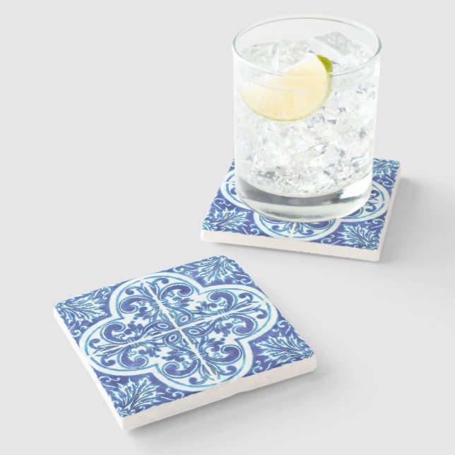 Blue Maiolica Tile Coaster | Italian Ceramic Look (Side)