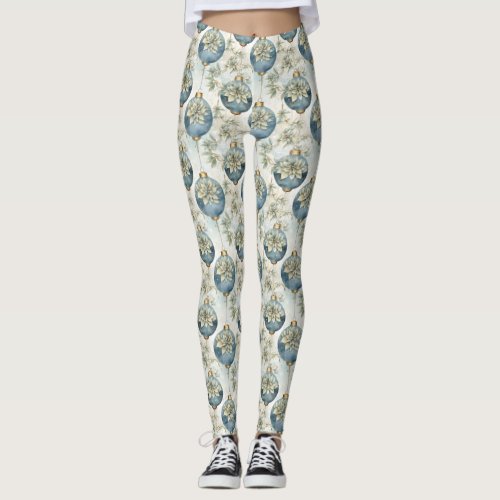 Blue Majesty Elegant Blue Gold Christmas Splendor Leggings