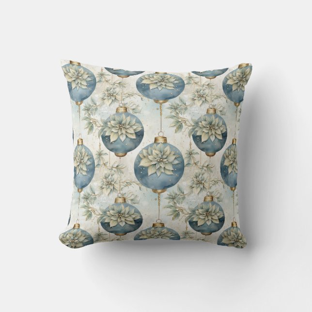 Blue Majesty: Elegant Blue Gold Christmas Splendor Throw Pillow (Front)