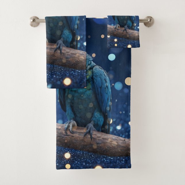 Blue Majesty: The Blue Macaw On Dreamy Blue Bokeh, Bath Towel Set (Insitu)