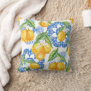 Blue Majolica Tile and Watercolor Lemons Throw Pillow