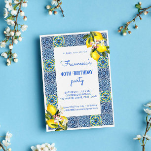 Blue Majolica Tiles lemons Mediterranean birthday Invitation