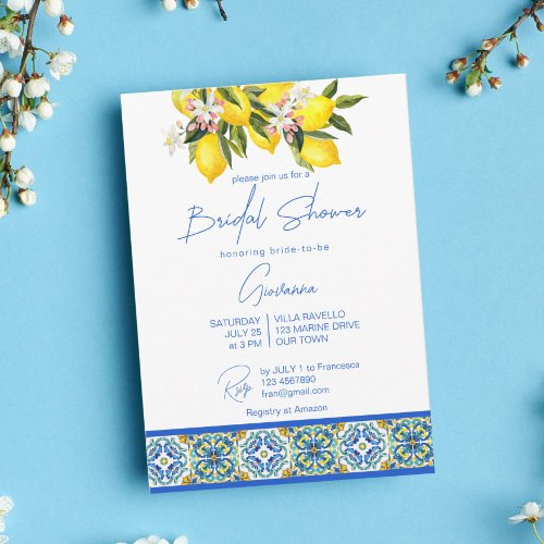 Blue Majolica Tiles Lemons Mediterranean Invitation