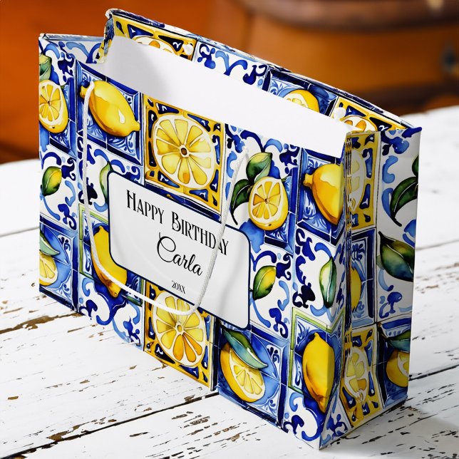 Blue Majolica tiles lemons Mediterranean Large Gift Bag (Blue Majolica tiles lemons Mediterranean themed party personalized  Large Gift Bag Happy Birthday )