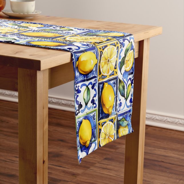 Blue Majolica tiles lemons Mediterranean themed Short Table Runner (In Situ)