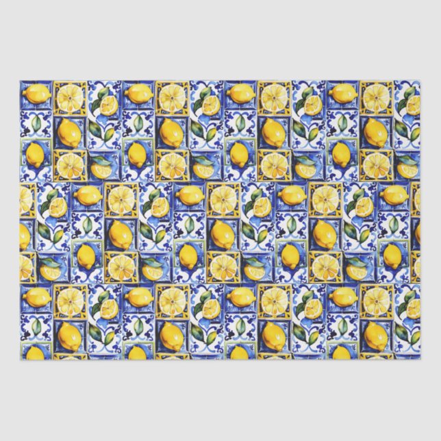 Blue Majolica tiles lemons Mediterranean Tissue Paper (Front)