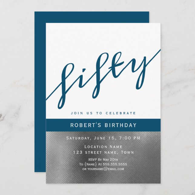 Blue Male 50th Birthday Invitation (Front/Back)