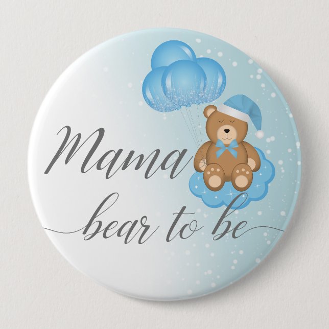 Blue Mama Bear To Be Sleepy Bear Boy Baby Shower Button (Front)