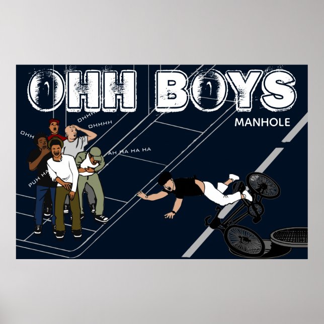 blue Man on Bike Hits Manhole OHH BOYS Poster (Front)