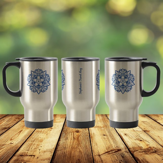 Blue Mandala Art Personalized Name tumbler Travel Mug (Creator Uploaded)