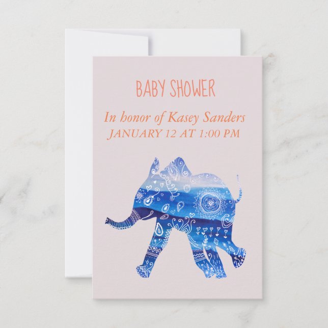 Blue Mandala baby Elephant Baby shower Invitations (Front)