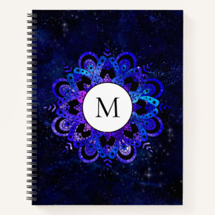 Blue Mandala Galaxy Boho Chic Watercolor Monogram Notebook