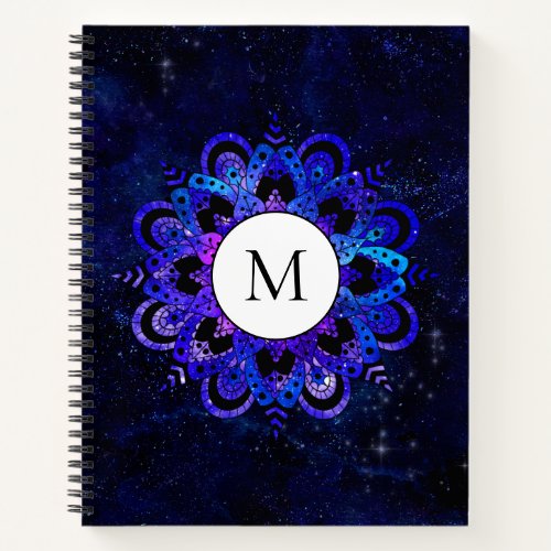 Blue Mandala Galaxy Boho Chic Watercolor Monogram Notebook