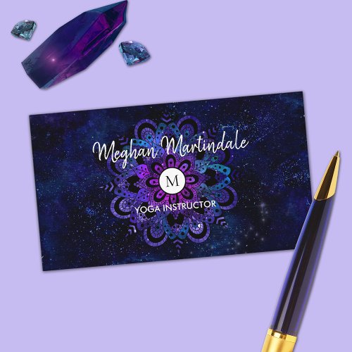 Blue Mandala Galaxy Boho Yoga Watercolor Monogram Business Card