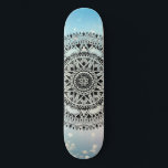 Blue Mandala Geometric Abstract Pattern  Skateboard<br><div class="desc">A beautiful mandala symmetrical geometric pattern on a blue bokeh shimmer background.</div>