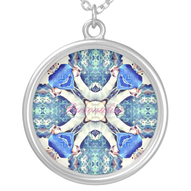 Blue mandala hearts pattern Thunder_Cove Silver Plated Necklace (Front)