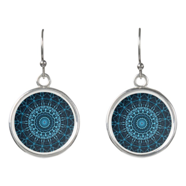 Blue Mandala Net Retro Hippie Trippy Boho Chic Earrings (Front)
