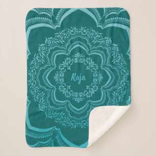 Blue Mandala on a Dark Green Background Sherpa Blanket