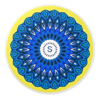 Blue Mandala on Yellow with Initial Drawer Knob
