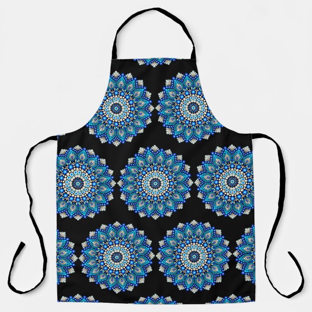 Blue Mandala Pattern Apron Boho Floral Decorative  (Front)