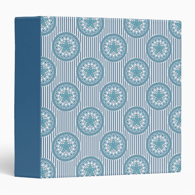 Blue mandala pattern on striped background 3 ring binder (Front/Spine)