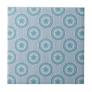Blue mandala pattern on striped background ceramic tile