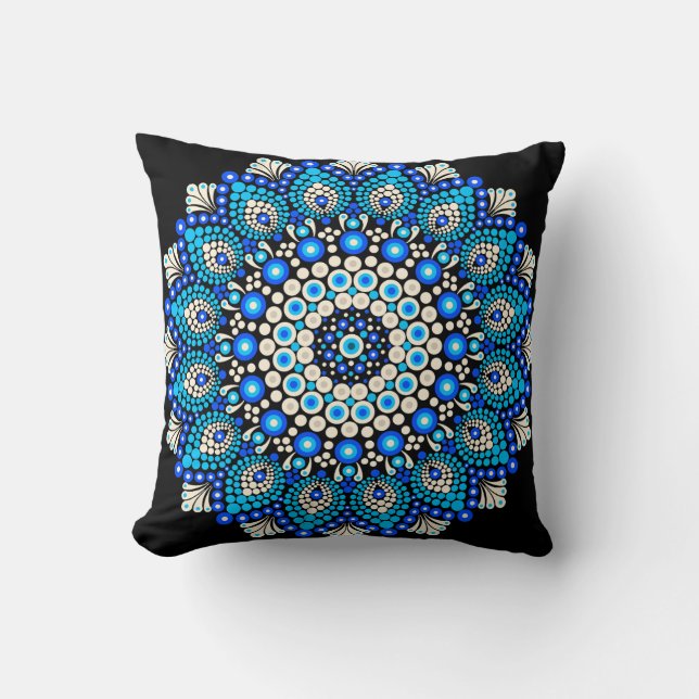 Blue Mandala Pattern Throw Pillow Boho Decorative  (Front)