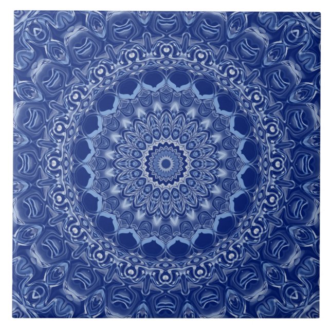 Blue Mandala Pattern with Starburst Symmetry Ceramic Tile (Front)