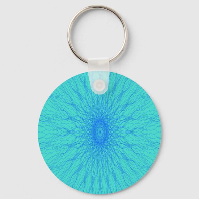 Blue mandala rays on cyan keychain (Front)