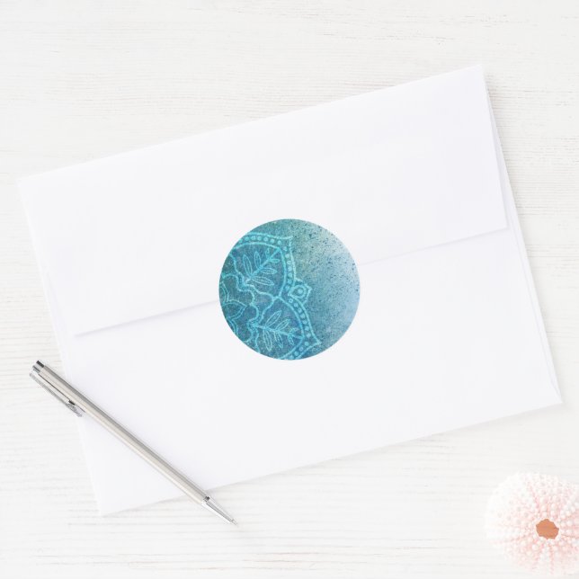 Blue Mandala Rosette Detail Classic Round Sticker (Envelope)