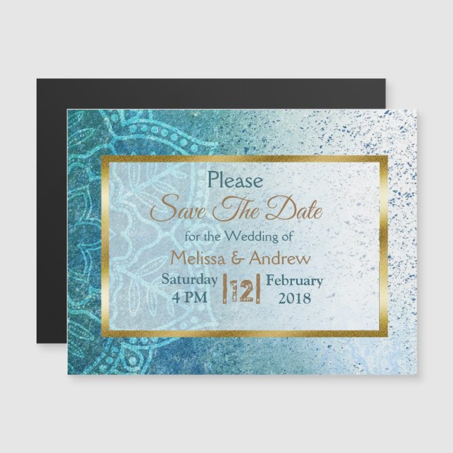 Blue Mandala Save the Date Wedding Magnetic Card (Front/Back)