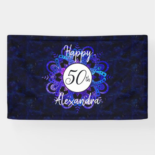Blue Mandala Space Stars Boho 50th Birthday Party Banner