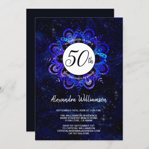 Blue Mandala Space Stars Boho 50th Birthday Party Invitation