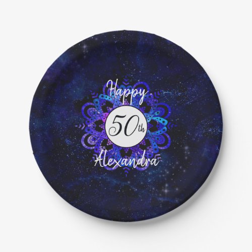 Blue Mandala Space Stars Boho 50th Birthday Party Paper Plates