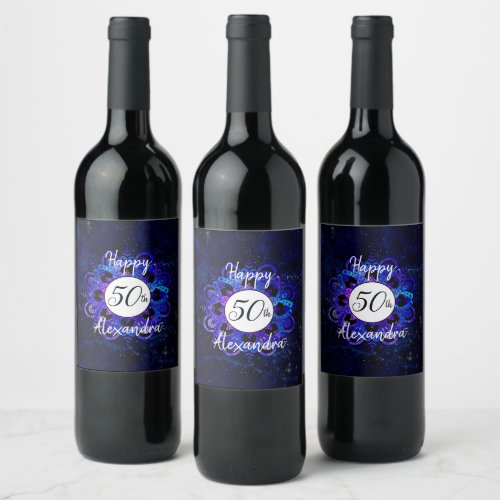 Blue Mandala Space Stars Boho 50th Birthday Party Wine Label