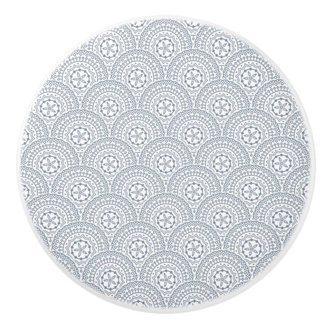 Blue mandala waves pattern on white background ceramic knob (Front)