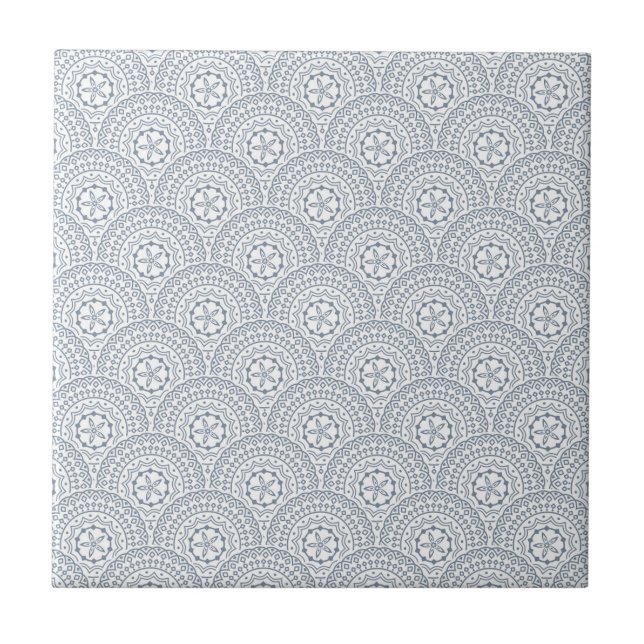 Blue mandala waves pattern on white background ceramic tile (Front)