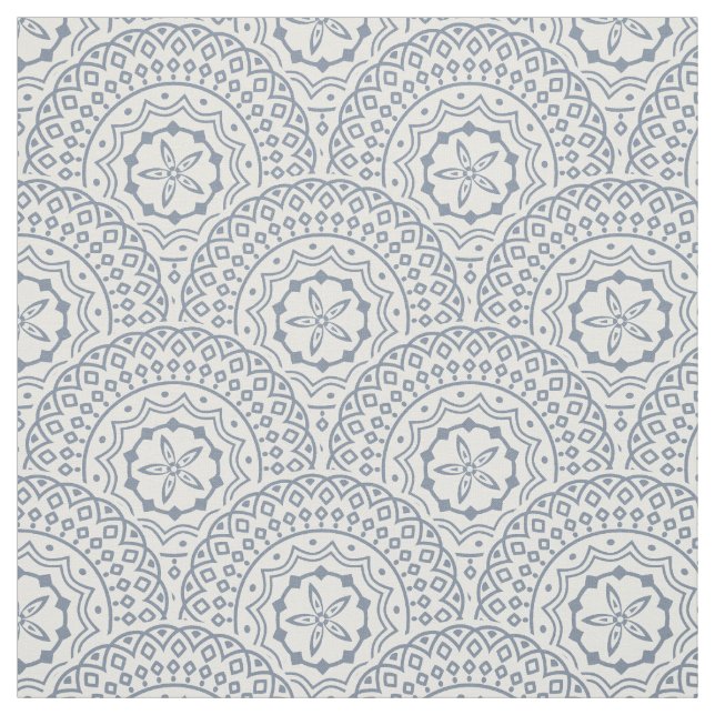 Blue mandala waves pattern on white background fabric (Swatch)