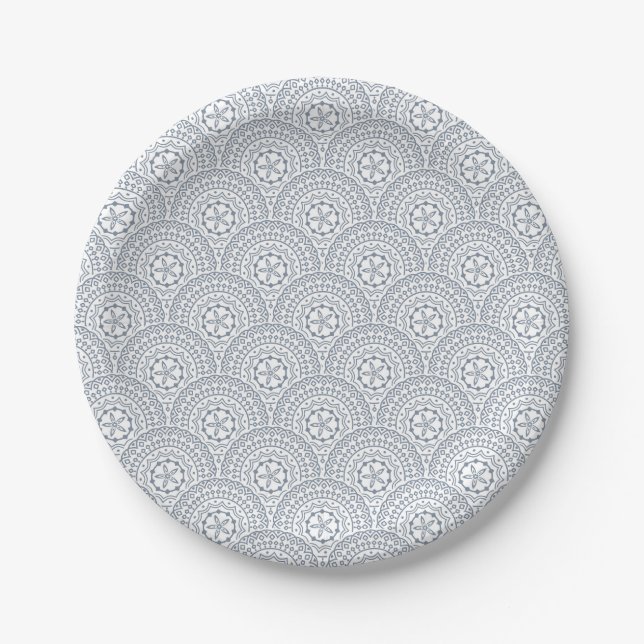 Blue mandala waves pattern on white background paper plates (Front)