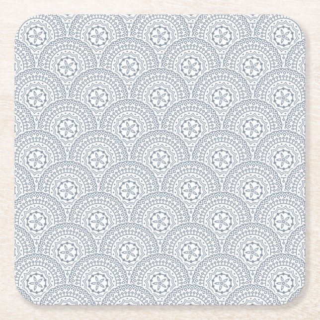 Blue mandala waves pattern on white background square paper coaster (Front)