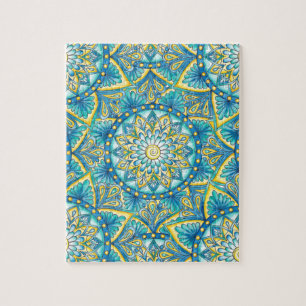 Blue Mandala Yellow Turquoise  Pattern Jigsaw Puzzle