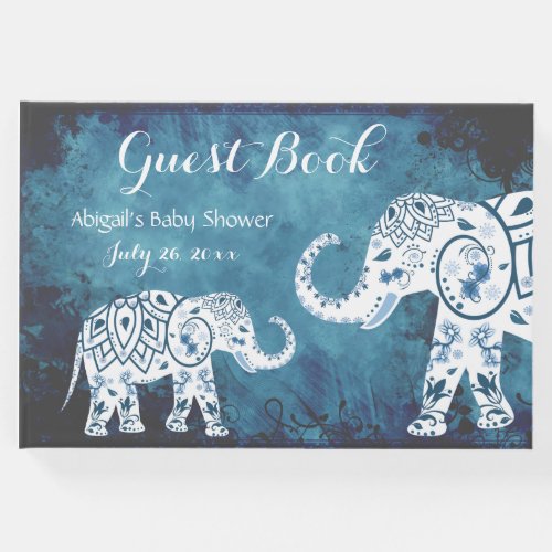 Blue Mandalas on White Elephants Boys Baby Shower Guest Book